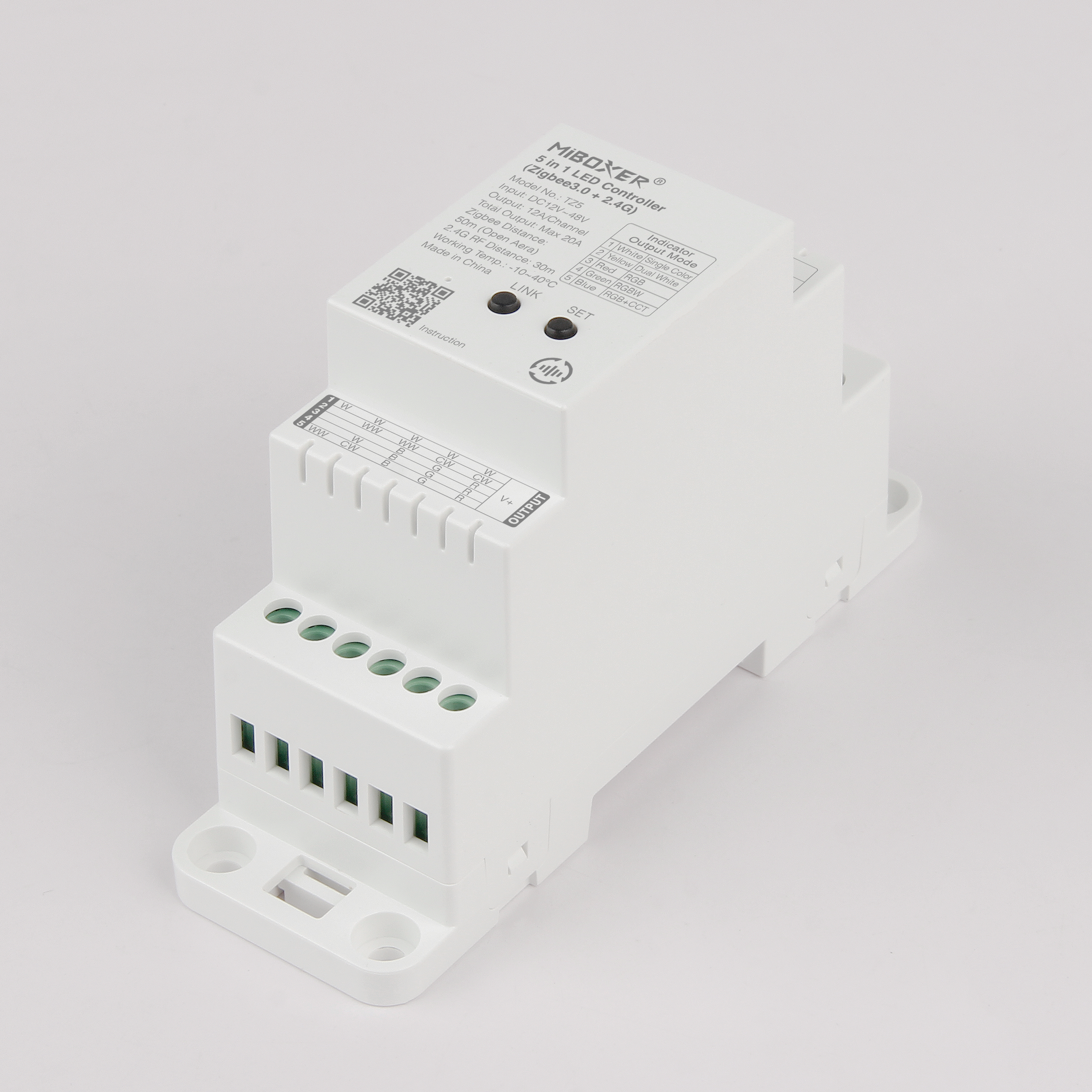 MiBoxer TZ5 2-in-1 LED-Controller für Hutschiene in Seitenansicht Zigbee 3.0 und 2.4 GHz 12–48 V Art. 23003