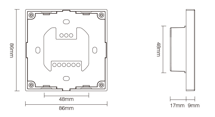 Technical dimensions of the MiBoxer X4 DMX512 RGBW LED Wall Panel – Abmessungen 86mm, 48mm, 17mm, 9mm für Wandmontage und Unterputzdose