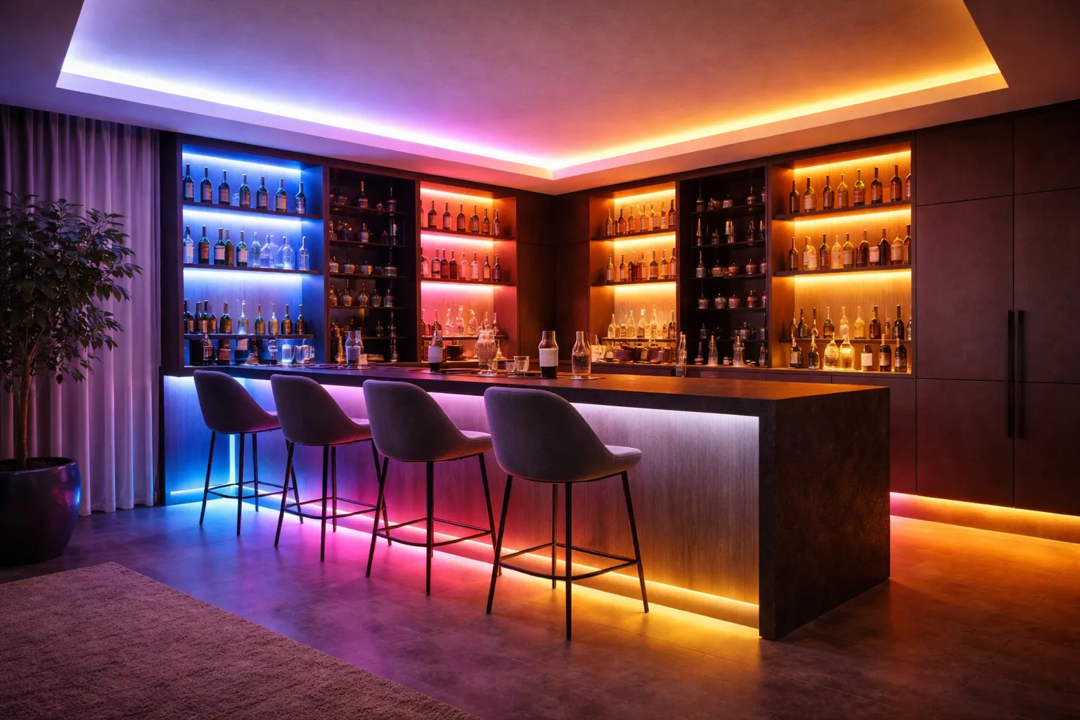 RGBCCT LED Streifen für farbige und weiße Lichtkonzepte | SK-LED Moderne Hausbar mit RGBCCT LED Streifen und indirekter farbiger sowie warmweißer Beleuchtung