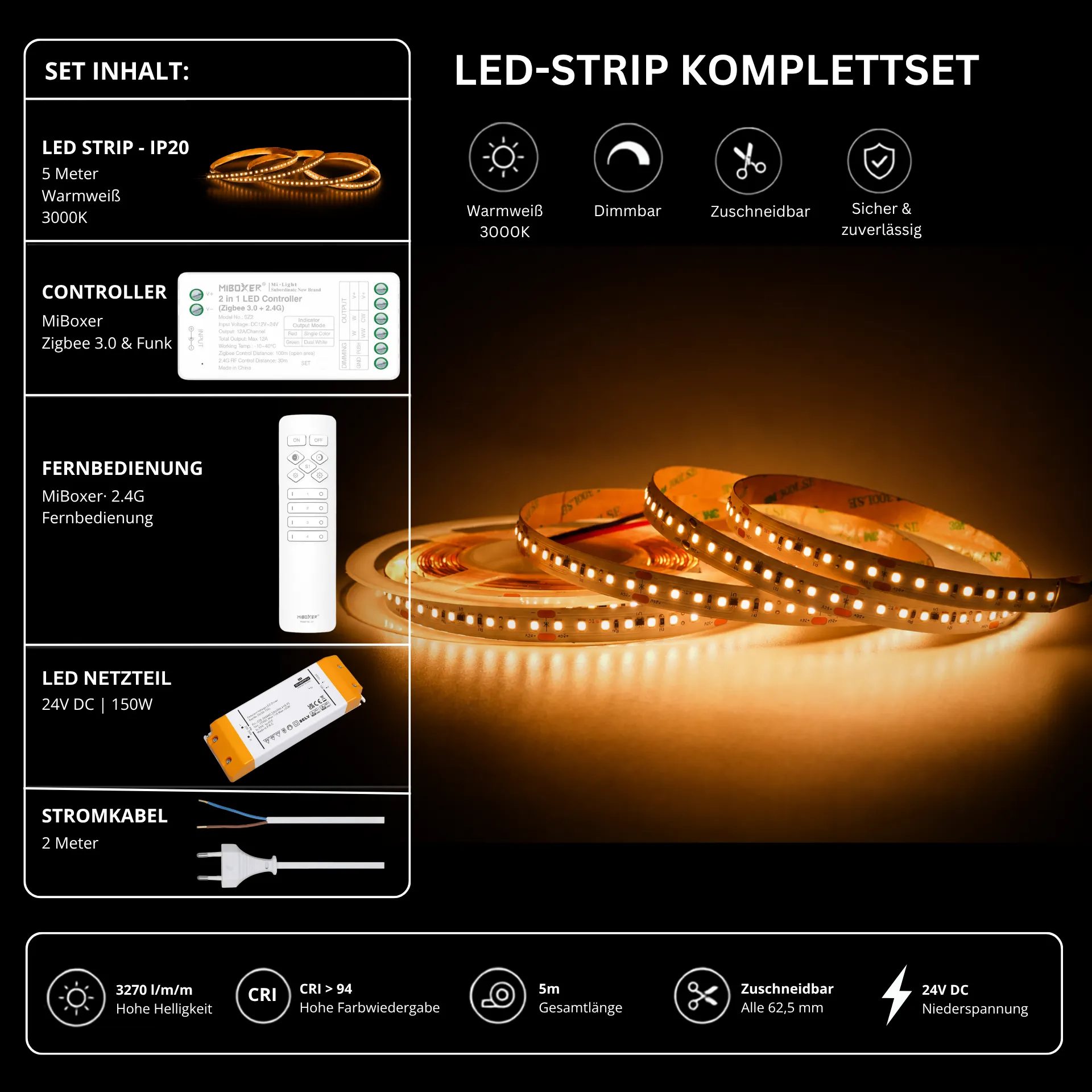 LED Streifen Set High Power Warmweiß 3000K – SMD LED Streifen 24V, 22 W/m, 3270 lm/m, 5m – SS150 Netzteil, SZ2 Zigbee 3.0 Controller & C1 Fernbedienung Weiß
