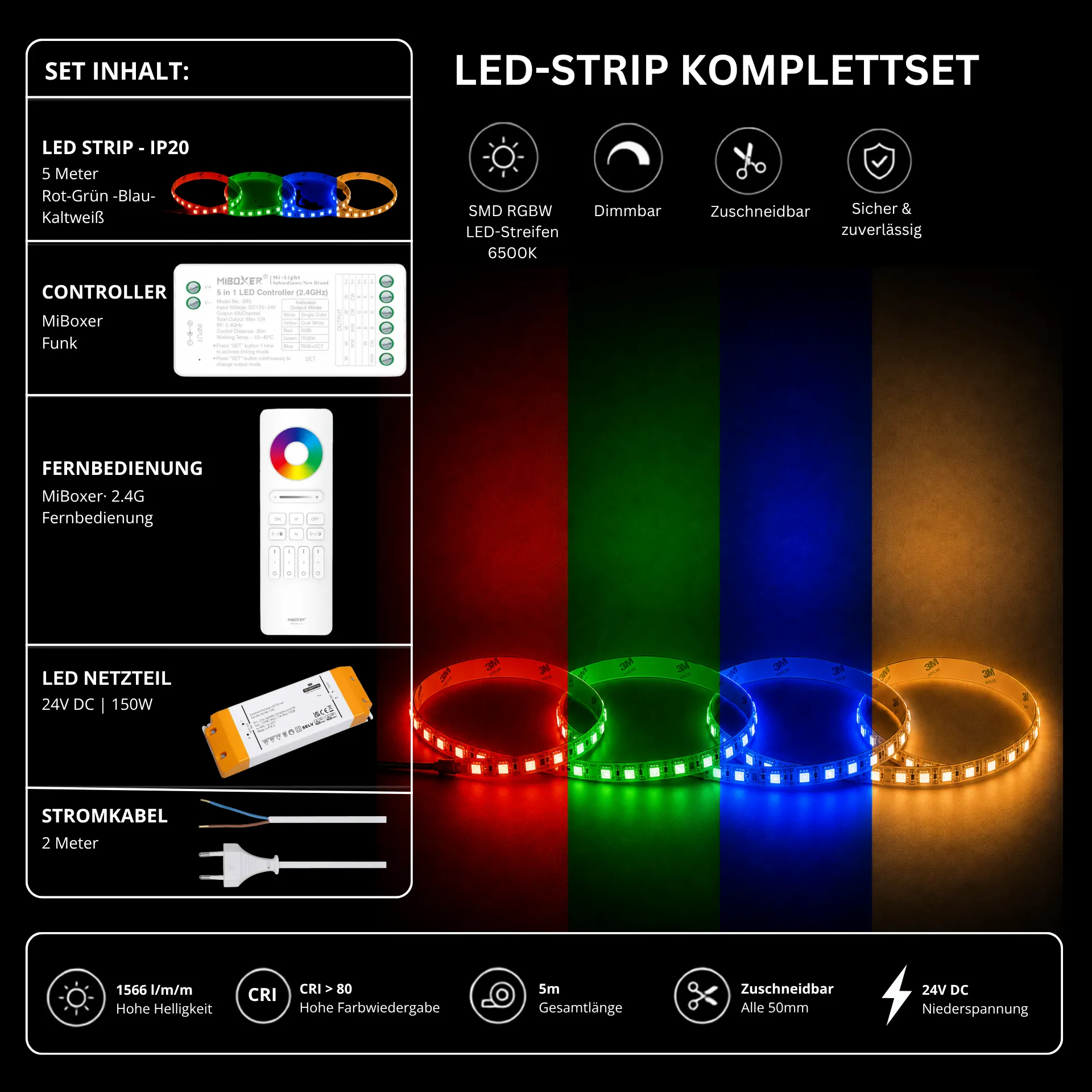LED Streifen Set RGBW – SMD LED Streifen 24V, 4-in-1, 19,2 W/m, 5m, RGB + Kaltweiß 6500K – SS150 Netzteil, SR5 Funk-Controller & C5 Fernbedienung Weiß