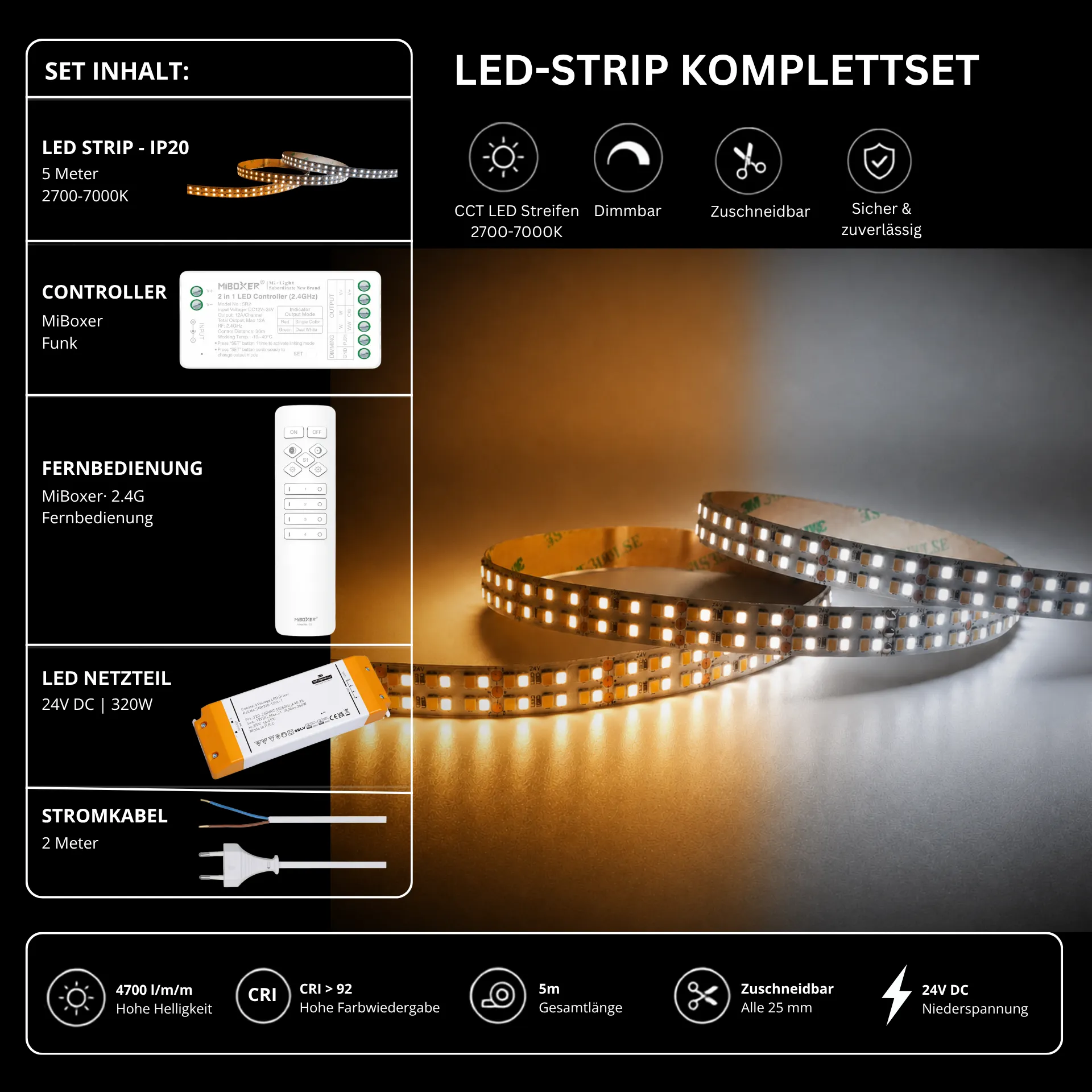 LED Streifen Set CCT High Power – 12 mm CCT LED Streifen 24V, 40 W/m, 4700 lm/m, 5m, 2700K-7000K, CRI 92 – SNP-320 Netzteil, SR2 Funk-Controller & C1 Fernbedienung Weiß