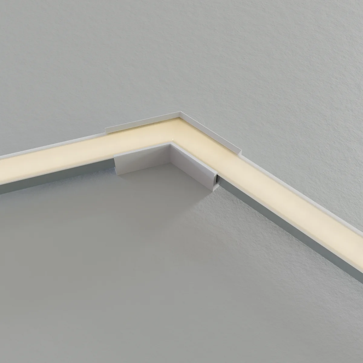 LED Aufbauprofil Winkelverbindung mit Verbinder EXO-A1-13 – Gesamtansicht Zwei LED Alu-Aufbauprofile mit PETG-Verbinder im Winkel verbunden – Gesamtansicht der fertigen Profilverbindung