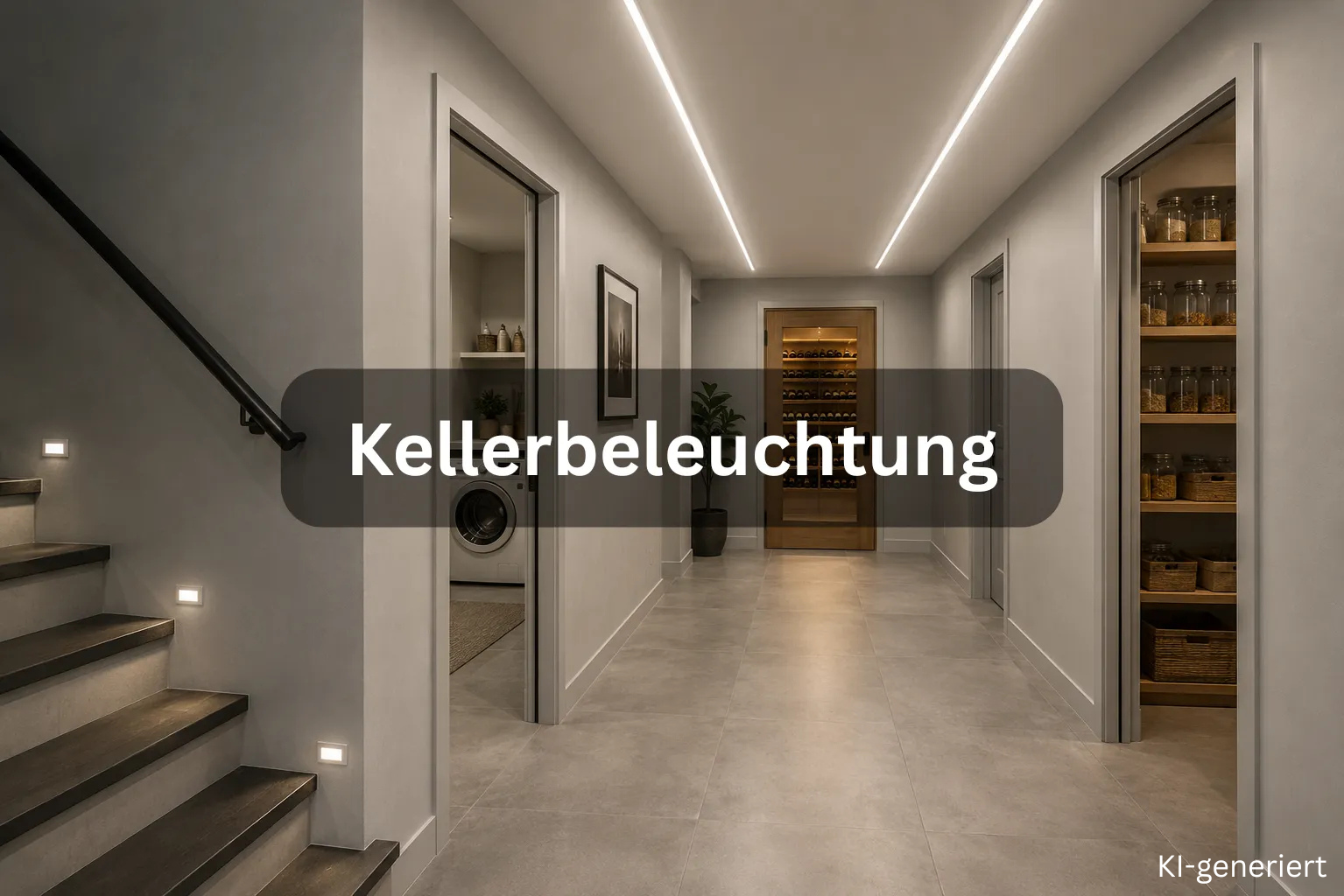 Moderne LED Kellerbeleuchtung für Flure Moderner Kellerflur mit LED Lichtlinien und heller Deckenbeleuchtung