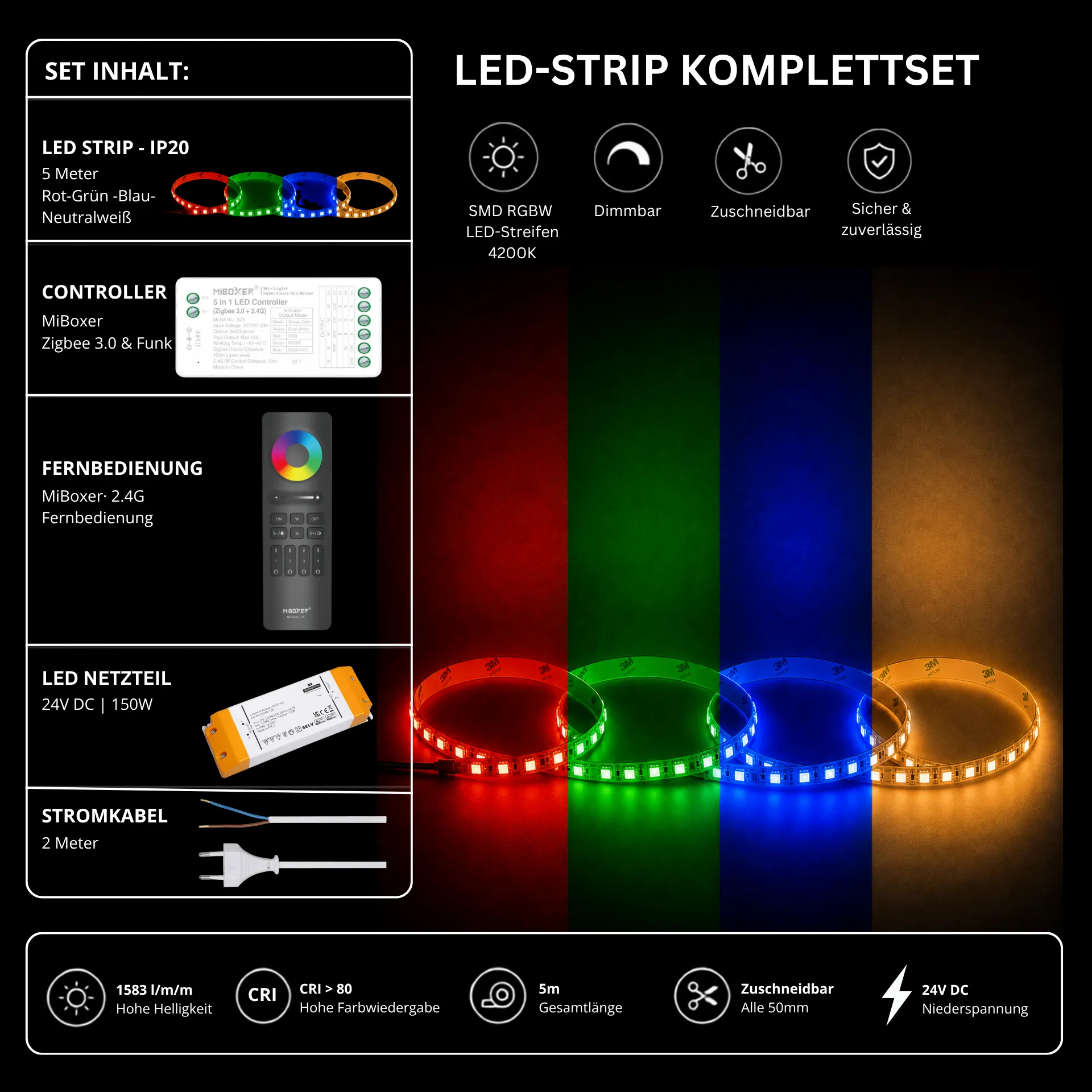LED Streifen Set RGBW – SMD LED Streifen 24V, 4-in-1, 19,2 W/m, 5m, RGB + Neutralweiß 4200K – SS150 Netzteil, SZ5 Zigbee 3.0 Controller & C5 Fernbedienung Schwarz