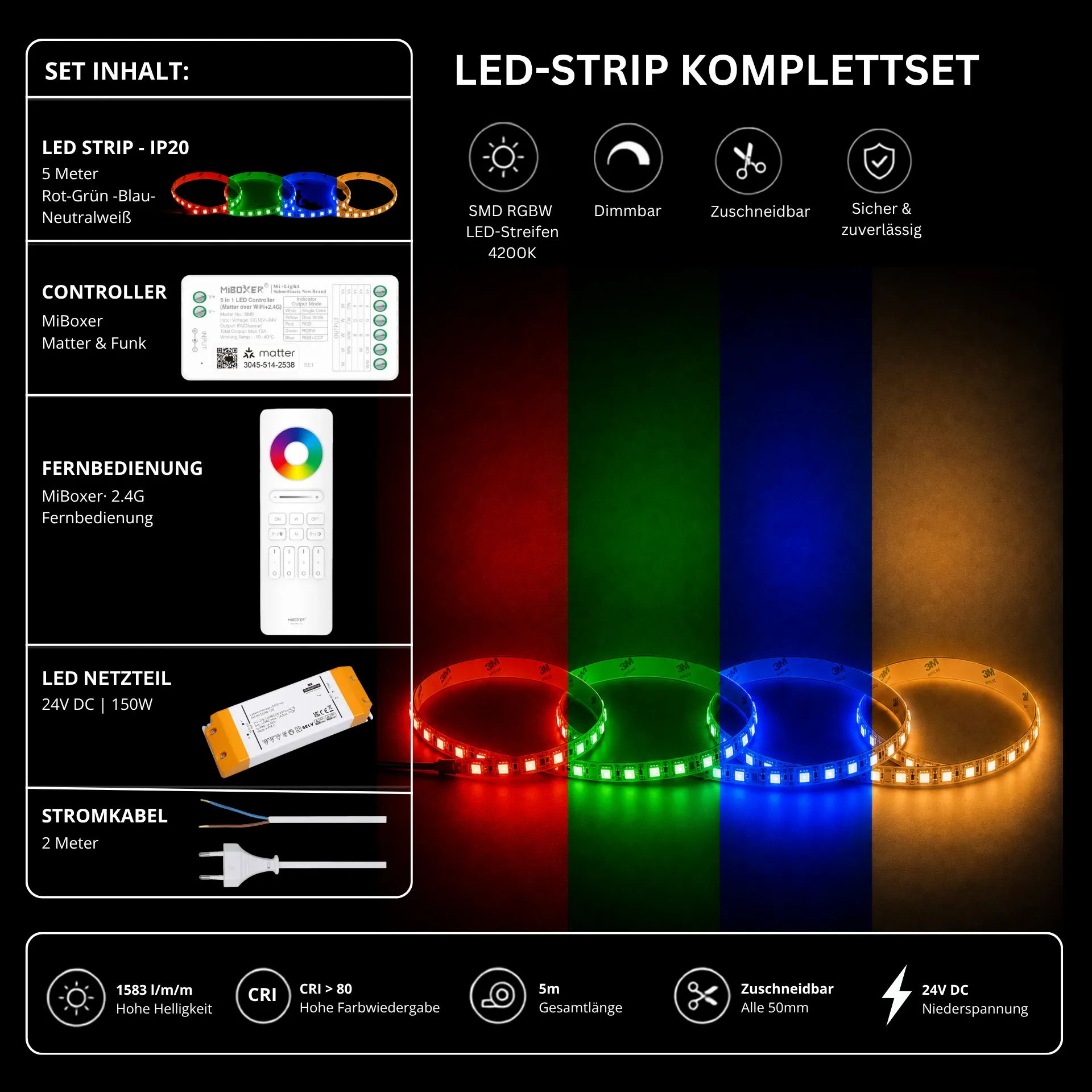 LED Streifen Set RGBW – SMD LED Streifen 24V, 4-in-1, 19,2 W/m, 5m, RGB + Neutralweiß 4200K – SS150 Netzteil, SM5 Matter Controller & C5 Fernbedienung Weiß