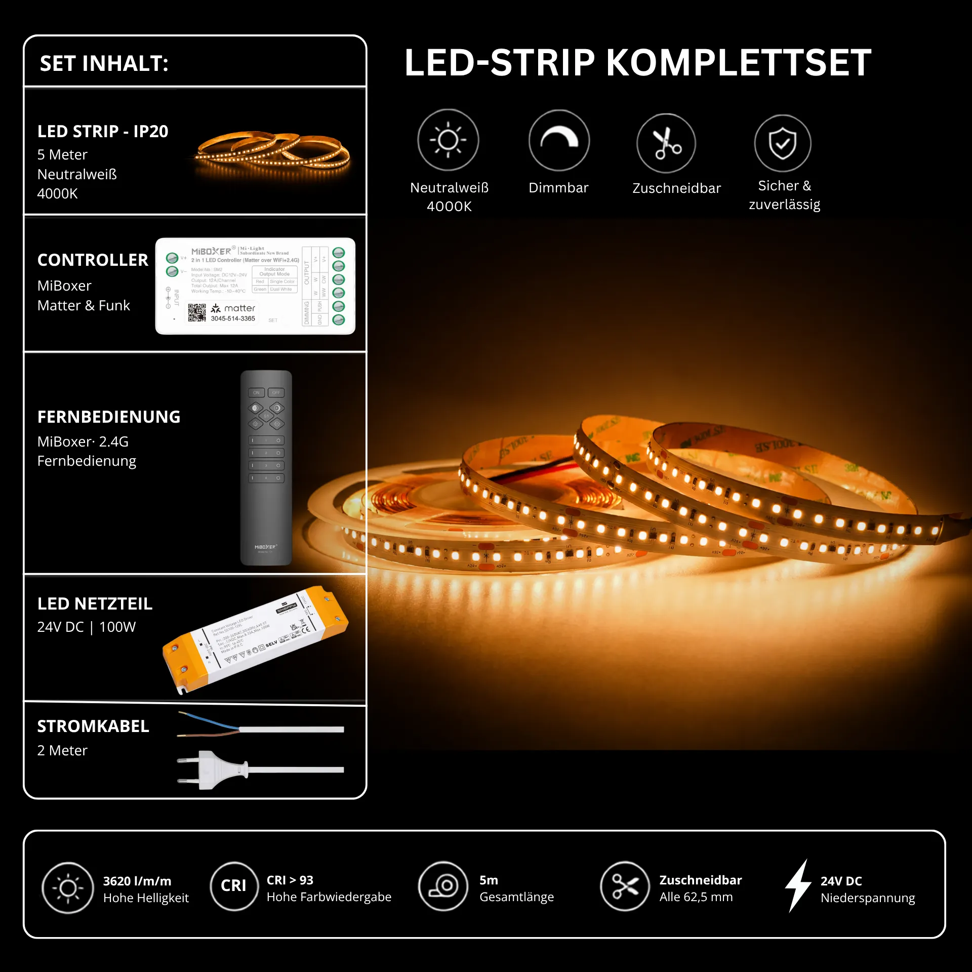 LED Streifen Set High Power Neutralweiß 4000K – SMD LED Streifen 24V, 22 W/m, 3620 lm/m, 5m – SS150 Netzteil, SM2 Matter Controller & C1 Fernbedienung Schwarz