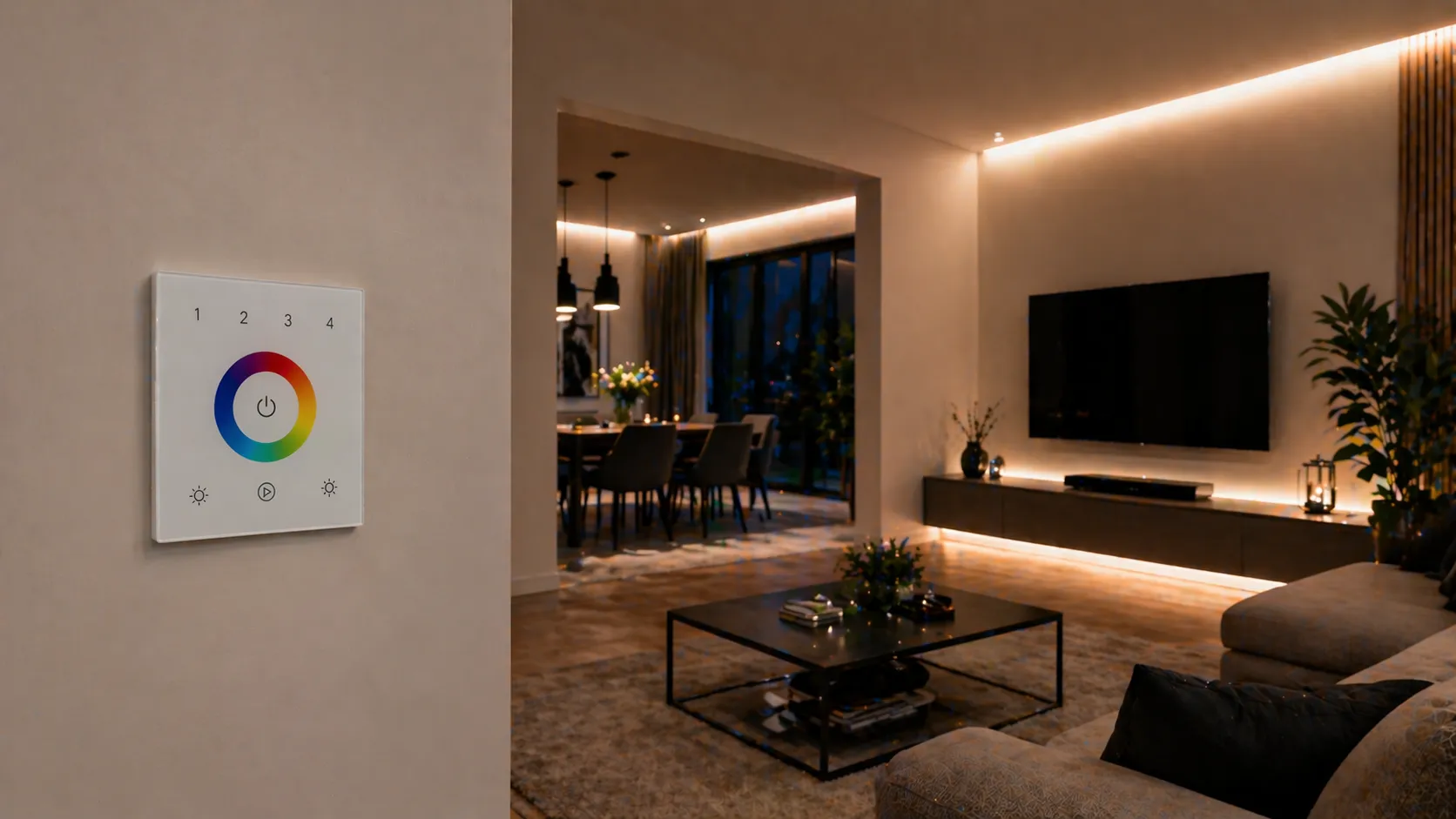 LED Wandsteuerung Touchpanel zur Steuerung von LED Streifen im Wohnzimmer mit indirekter Beleuchtung
