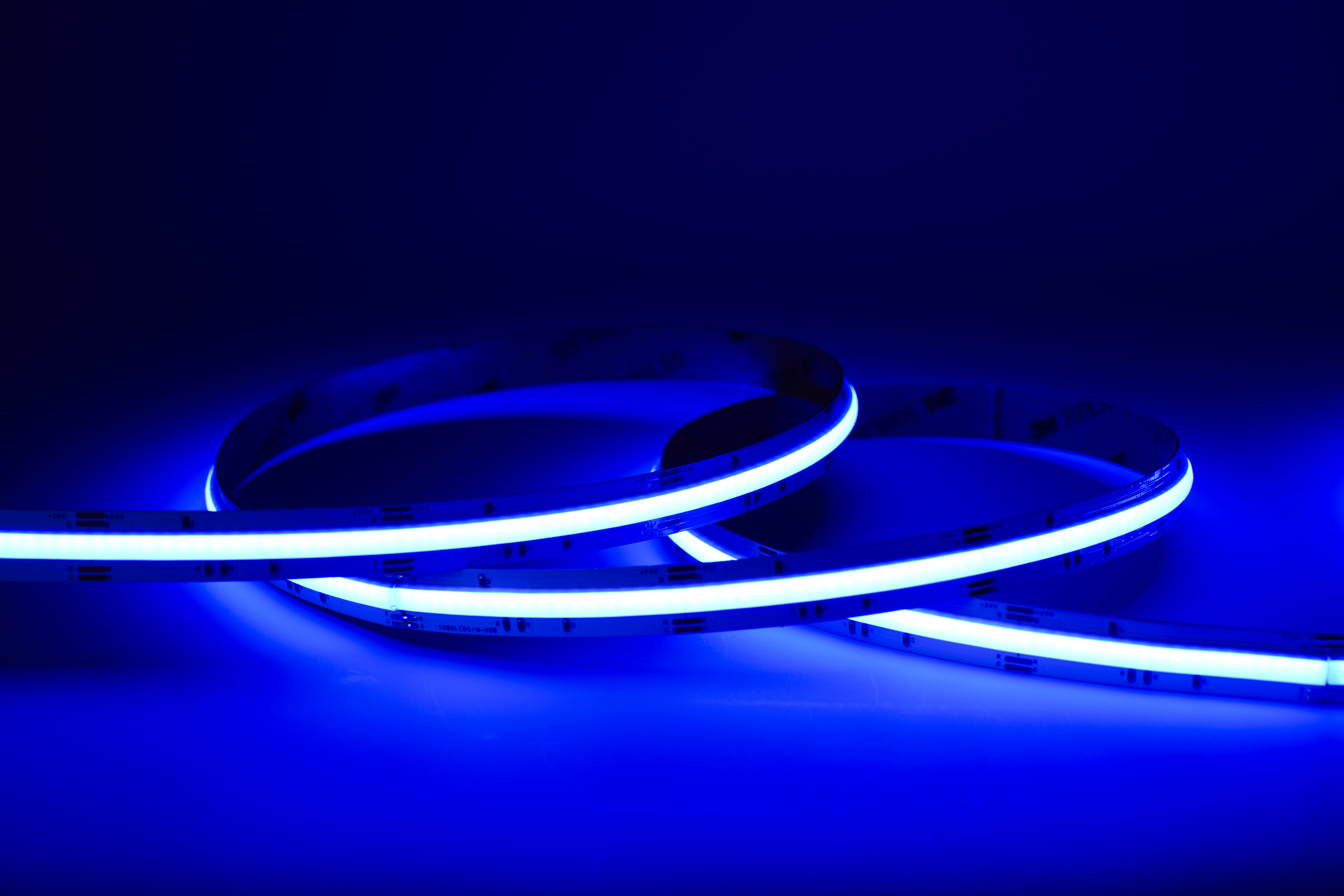 RGB LED-Streifen 24 V mit 1080 LEDs/m und 12 mm Breite, blau leuchtend und leicht abgerollt – homogenes RGB-Lichtband mit 180° Abstrahlwinkel