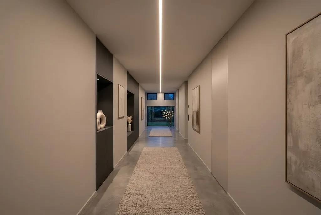 Ein langer, heller Flur mit Betonboden, Kunstwerken an den Wänden und einer zentralen LED-Lichtlinie an der Decke, die den Raum optisch streckt.