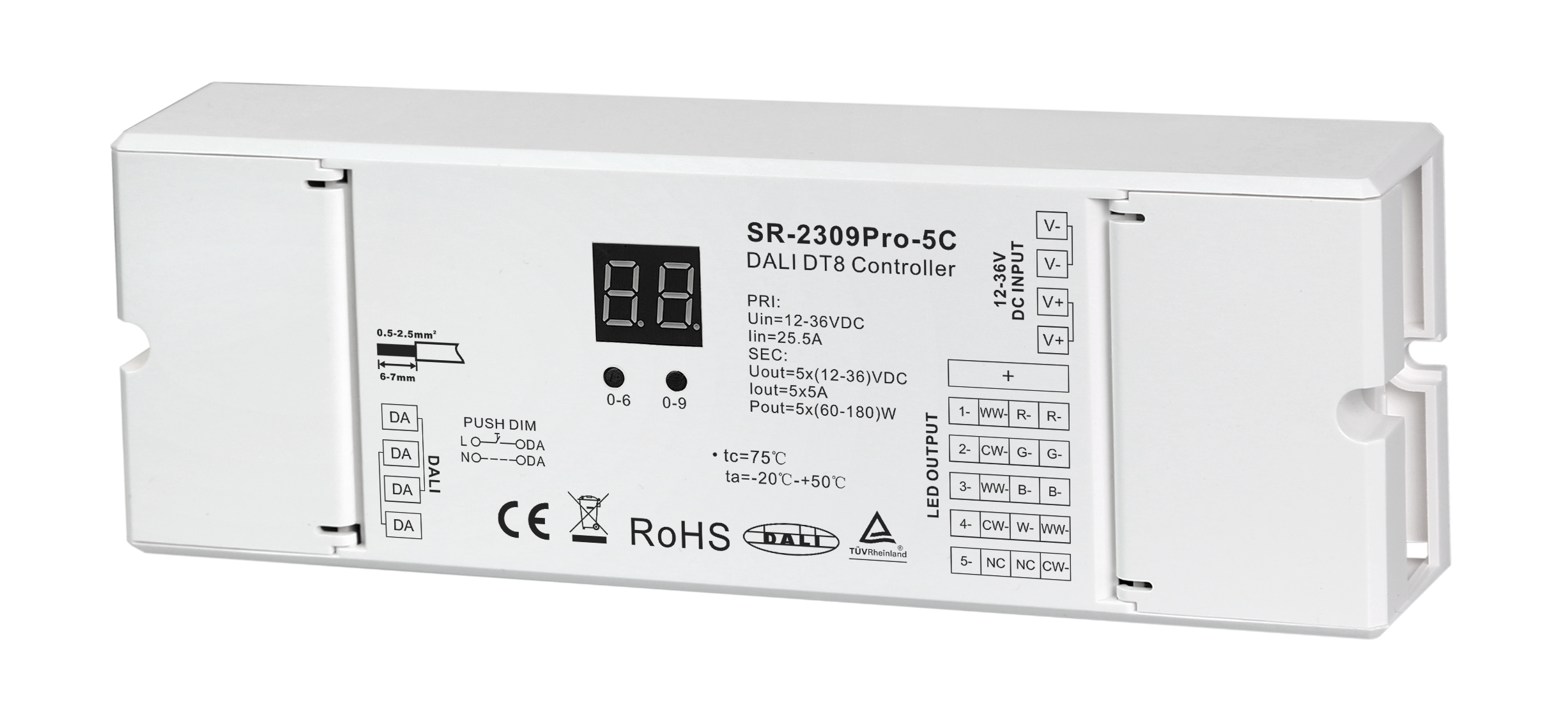 SR-2309PRO-5C LED-Dimmer 5-Kanal – (12–48 V, 5 A/Kanal) für Konstantspannung, DALI DT8 & 7-in-1 Farbsteuerung
