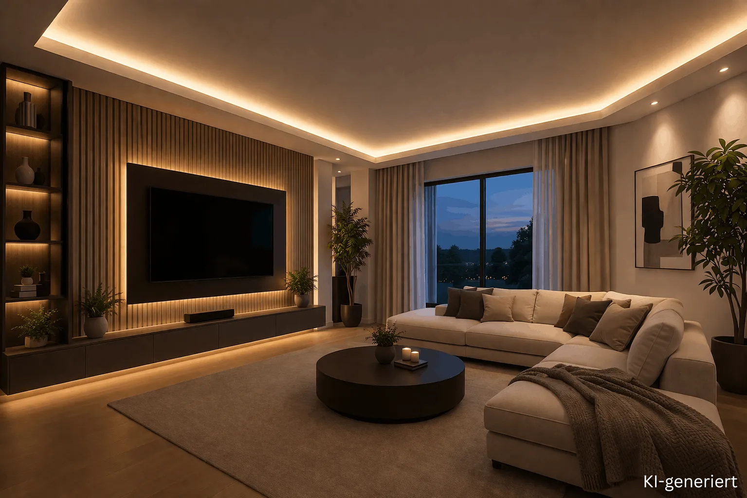Lichtvoute an Decke und TV-Wand mit LED Streifen im modernen Wohnzimmer
