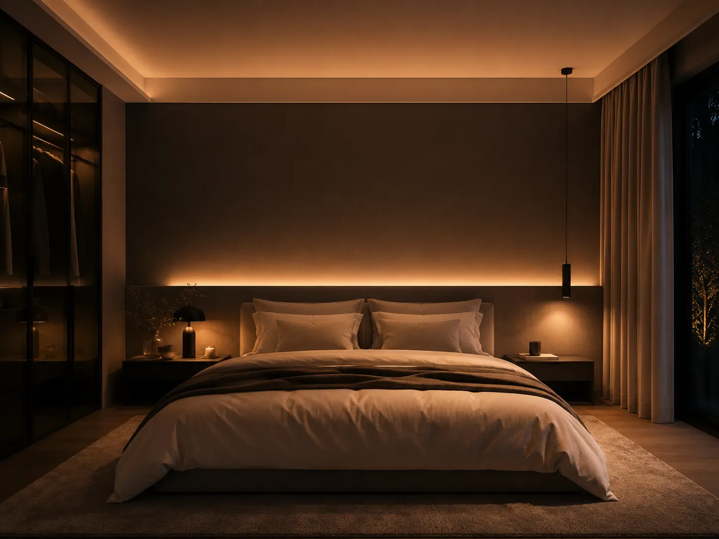 LED Streifen dimmen – indirektes Licht im Schlafzimmer Gedimmter LED Streifen hinter dem Bett – sanfte indirekte Beleuchtung im Schlafzimmer
