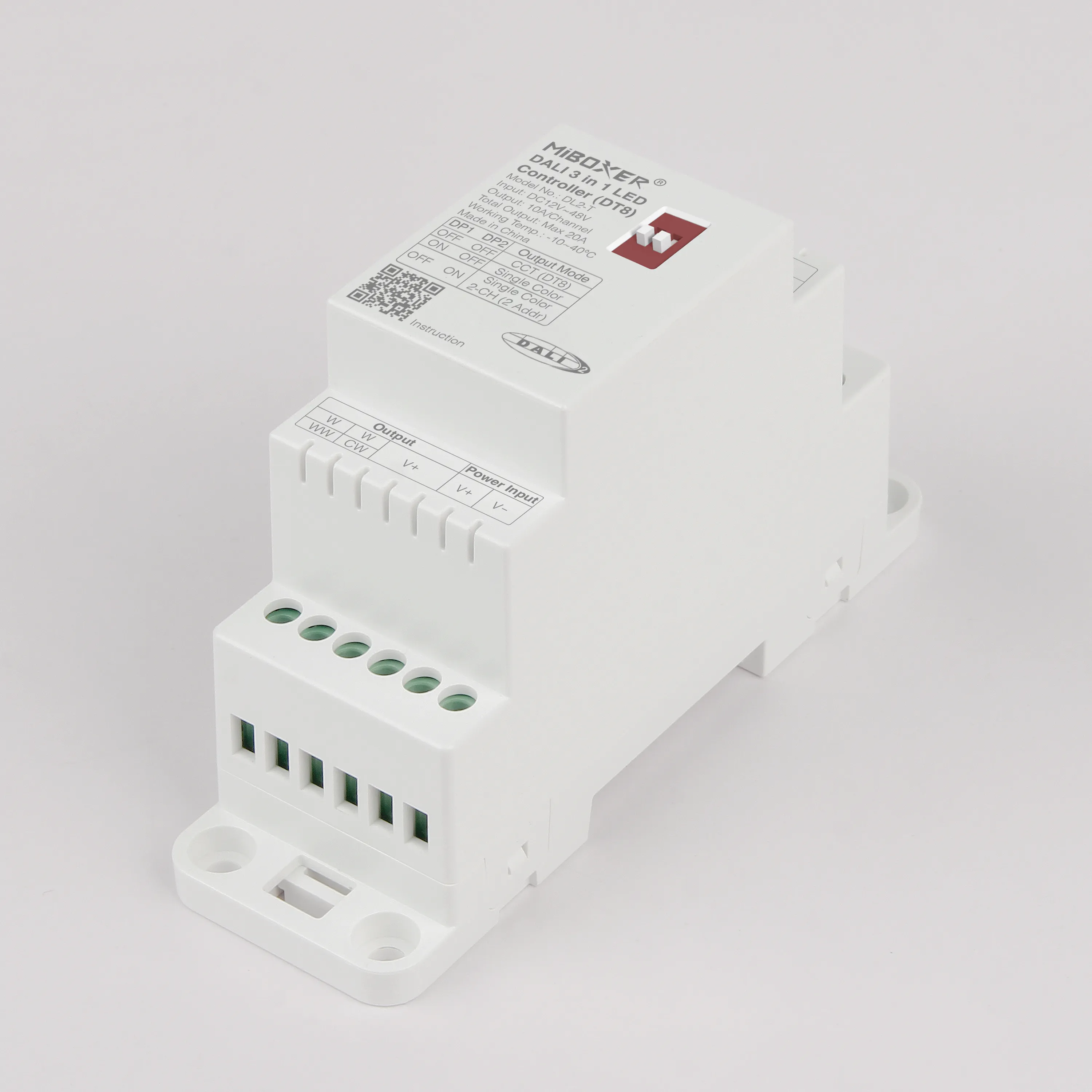 MiBoxer DL2-T DALI Controller in Seitenperspektive mit Schraubklemmen für Output und Power Input