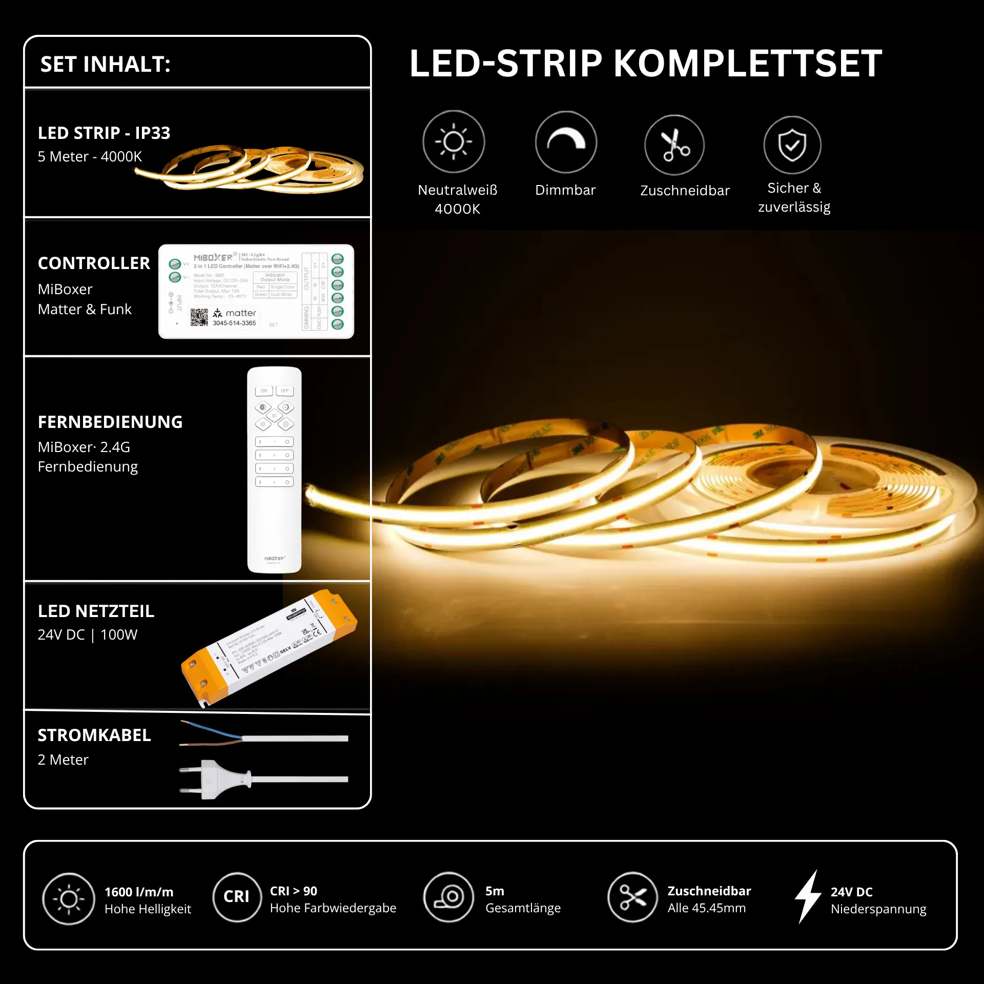 LED Streifen Set Neutralweiß – COB LED Streifen 24V, punktfrei, 14 W/m, 5m, 4000K, CRI 90, IP33 – SS100 Netzteil, SM2 Matter Controller & C1 Fernbedienung Weiß