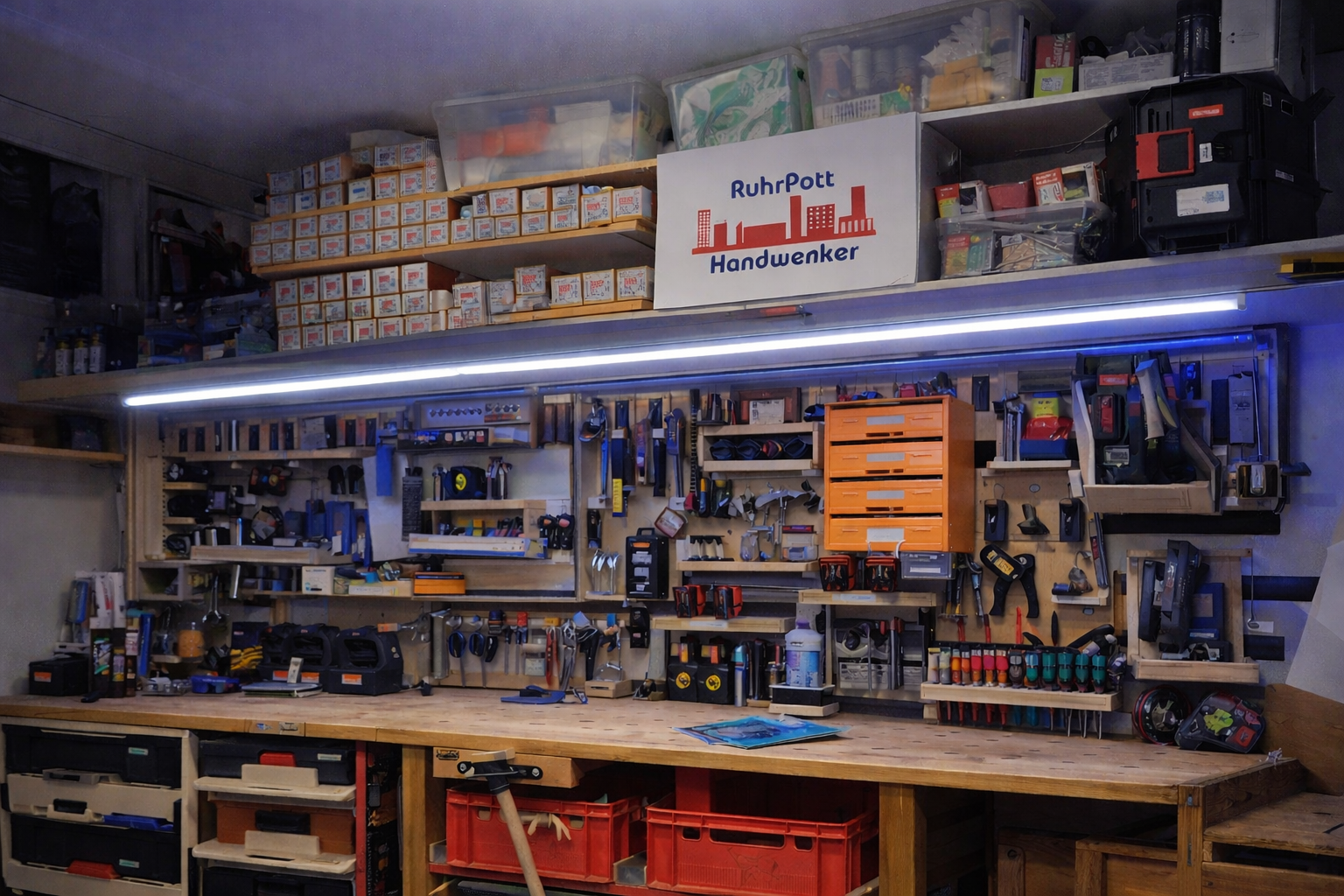 Werkbank mit LED Streifen Beleuchtung in der Werkstatt gleichmäßiges Licht ohne Schatten und saubere Ausleuchtung