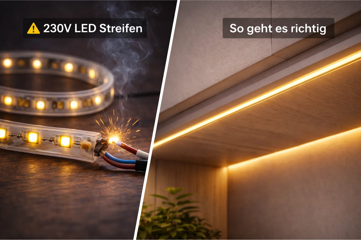 230V LED Streifen Gefahr durch falsche Installation im Vergleich zu sicherer 24V LED Beleuchtung im Möbel