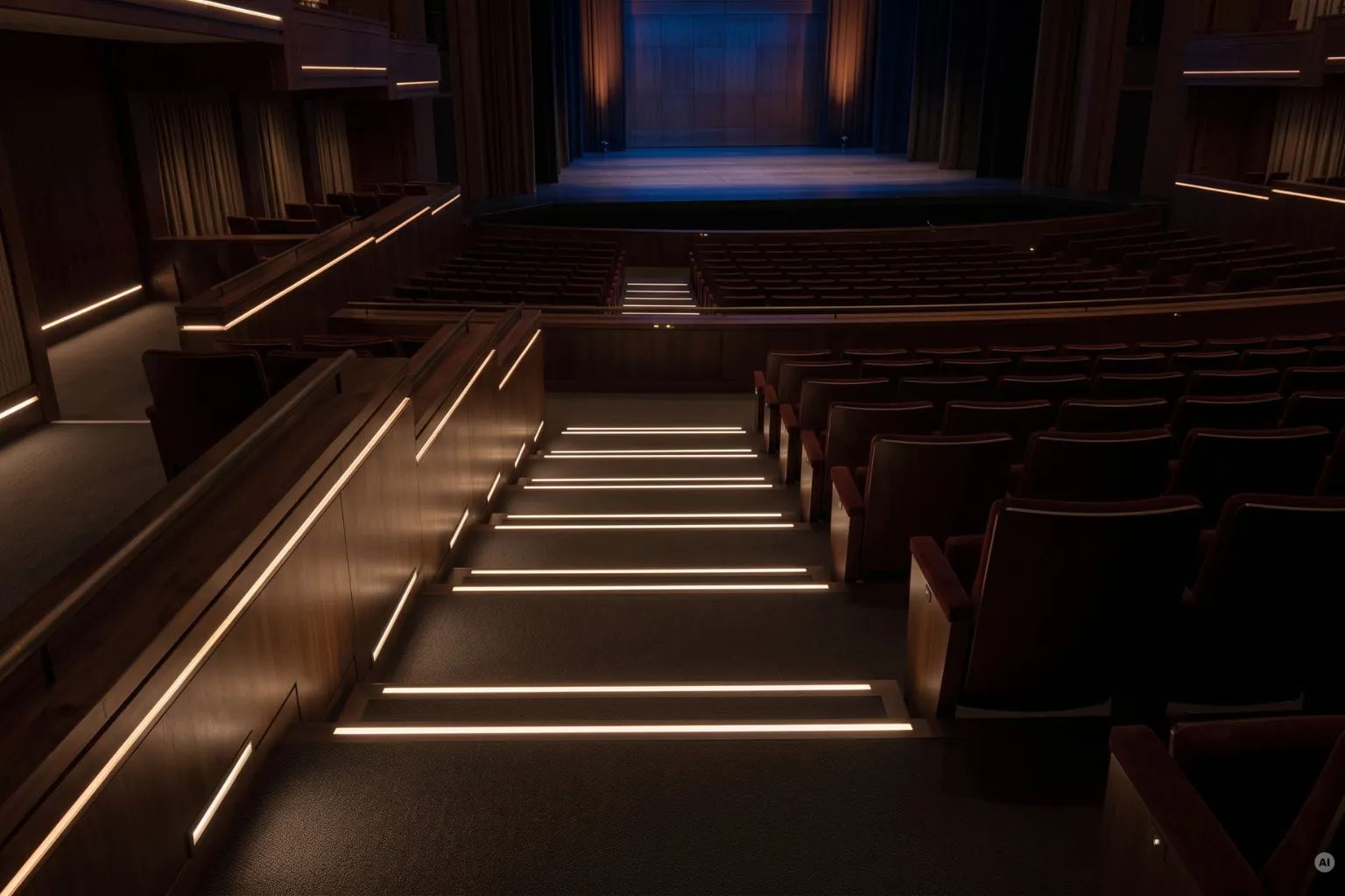 Beleuchtete Theater-Treppe mit integriertem LED-Stufenlicht für sichere Orientierung. Die leeren Sitzreihen und die dunkle Bühne sind sichtbar.