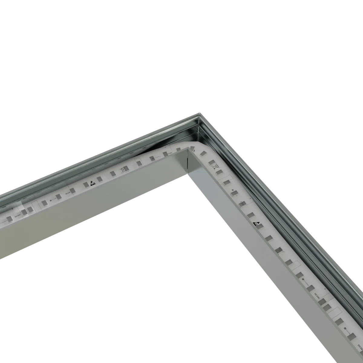 CON-A2 Verbinder 90° – Nahaufnahme der montierten Eckverbindung mit eingelegtem LED-Streifen im Aluminiumprofil, ohne Diffusor, Draufsicht auf Innenecke