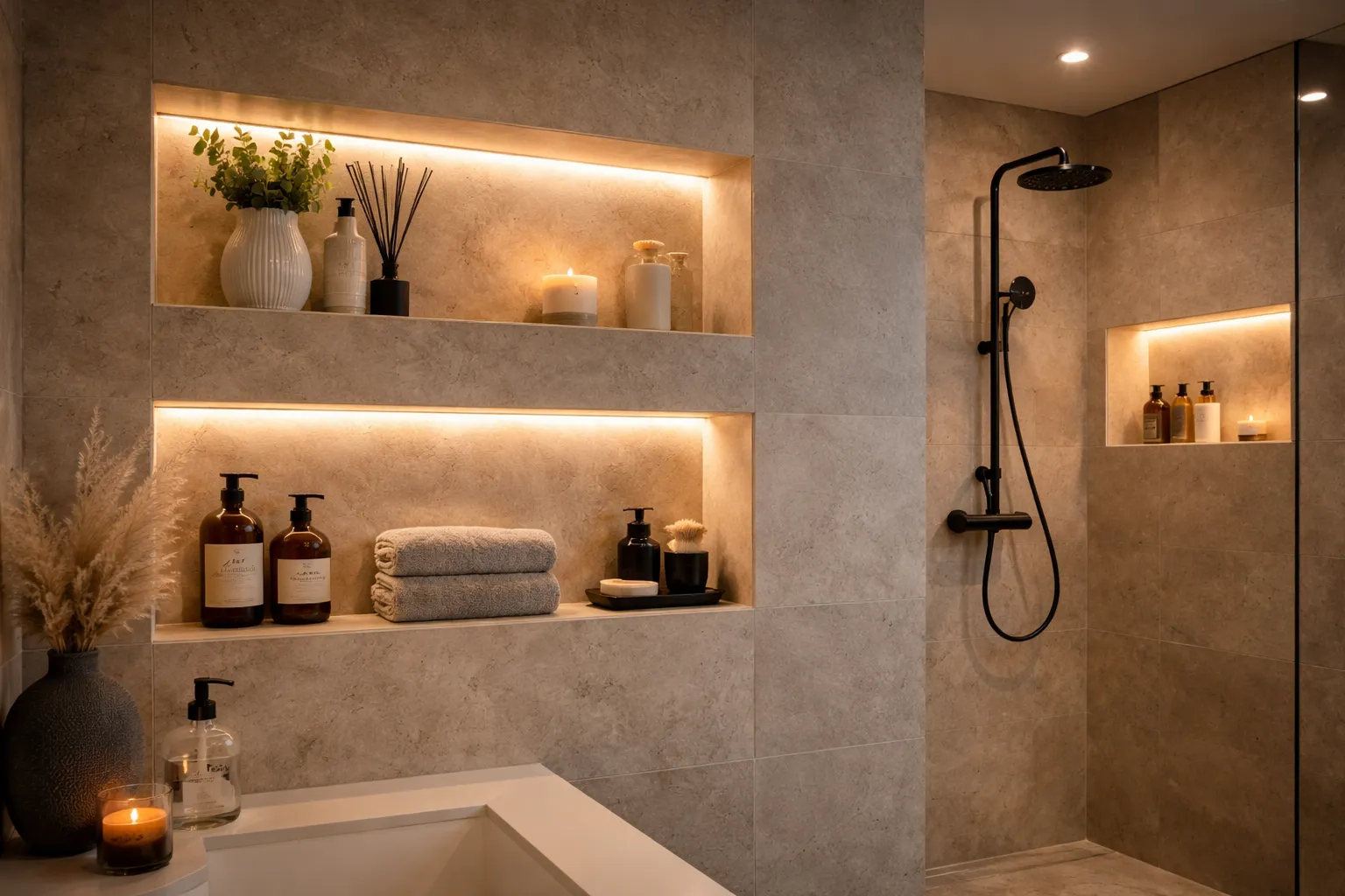 Nischenbeleuchtung im Bad mit LED Streifen – indirektes Licht im Regal Bad Nischenbeleuchtung mit LED Streifen in Wandregalen für indirektes warmweißes Licht im Badezimmer