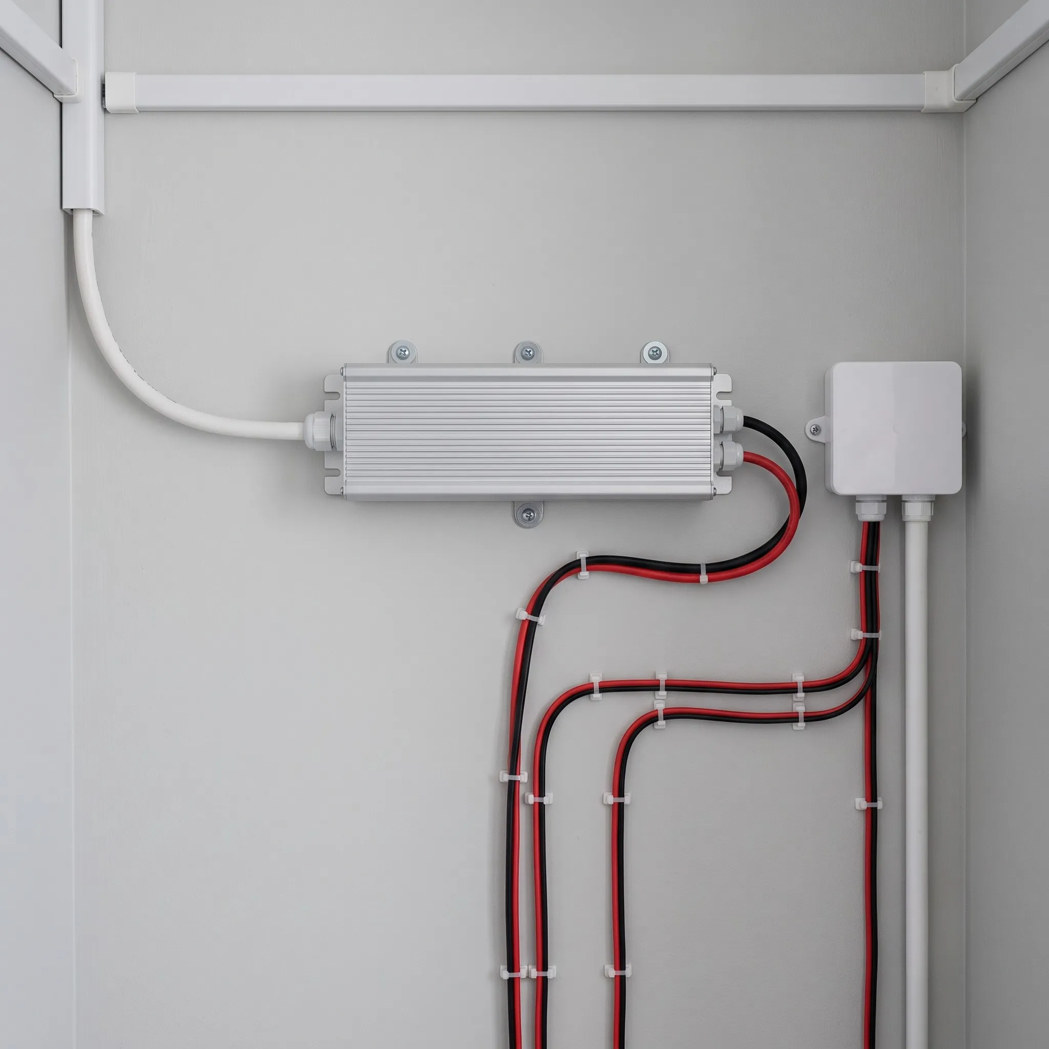 Fotorealistisches Symbolbild eines ordentlich installierten LED-Netzteils mit sauber verlegten und fixierten Kabeln an einer neutralen, grauen Wand.
