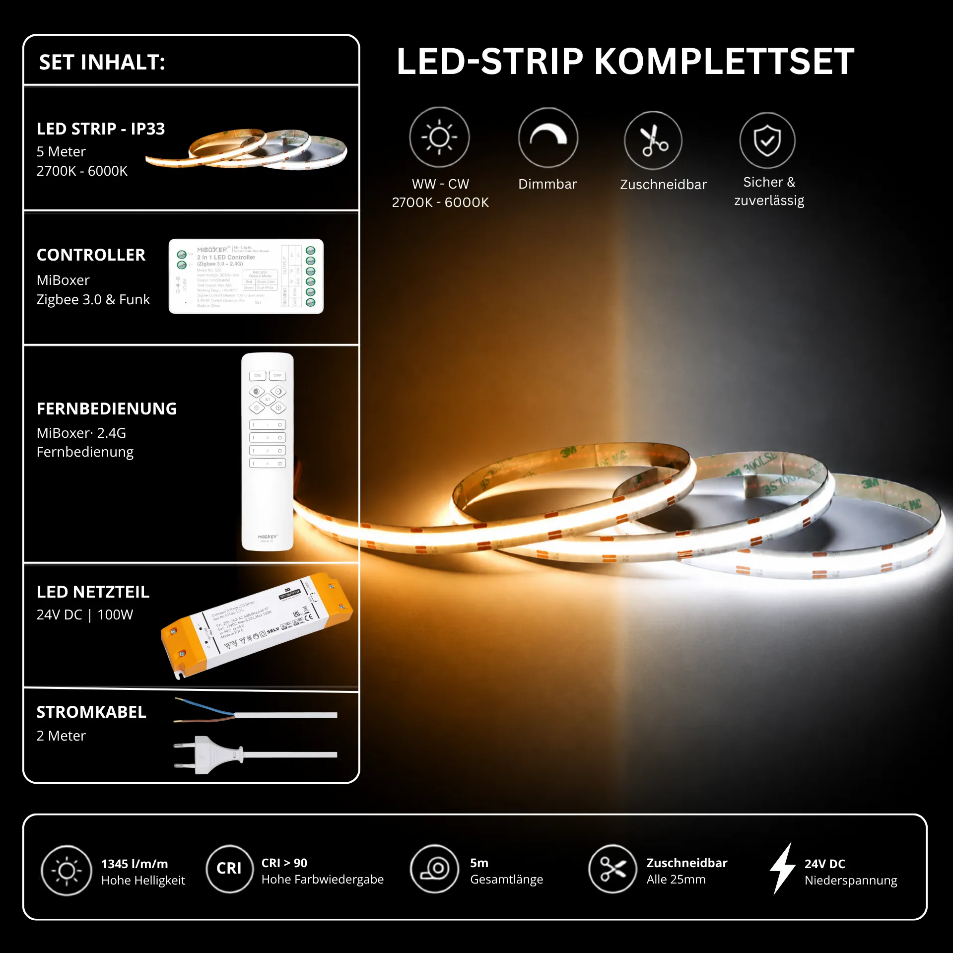 LED Streifen Set CCT IP33 – COB LED Streifen 24V, 16 W/m, 1345 lm/m, 5m, 2700-6000K – SS100 Netzteil, SZ2 Zigbee 3.0 Controller & C1 Fernbedienung Weiß