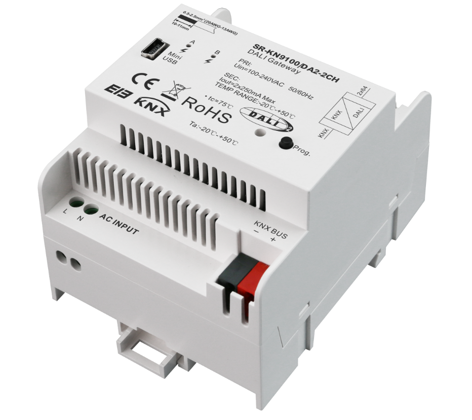 SR-KN9100-DA2 KNX DALI Gateway – 2-Kanal DALI Schnittstelle für KNX-Systeme, DT6 & DT8, HCL-fähig
