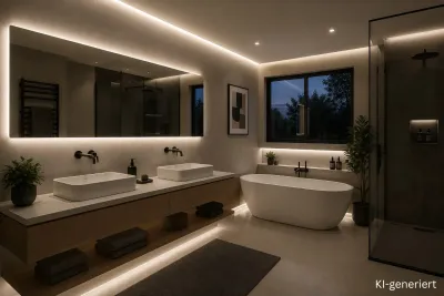 Modernes Badezimmer mit indirekter LED-Beleuchtung in Neutralweiß 4000K Modernes Badezimmer mit indirekter LED-Beleuchtung durch neutralweiße 4000K LED-Streifen. Gleichmäßige Lichtlinien an Spiegel, Waschtisch, Badewanne und Decke sorgen für eine helle, natürliche Ausleuchtung ohne sichtbare LED-Punkte