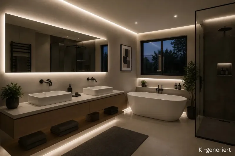 Modernes Badezimmer mit indirekter LED-Beleuchtung durch neutralweiße 4000K LED-Streifen. Gleichmäßige Lichtlinien an Spiegel, Waschtisch, Badewanne und Decke sorgen für eine helle, natürliche Ausleuchtung ohne sichtbare LED-Punkte