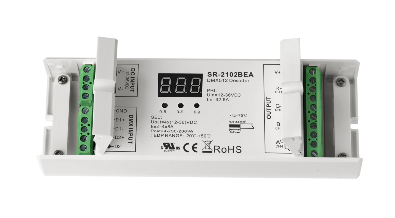 SR-2102BEA DMX512 Controller mit Schraubklemmen und 2 DMX-Anschlüssen für Daisy-Chain Verkabelung
