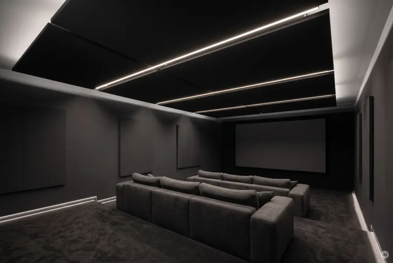 Privates Keller-Heimkino mit dunklen Modulsofas und rechteckigen Akustik-Deckenelementen, getrennt durch schmale, warmweiße LED-Profilleuchten.