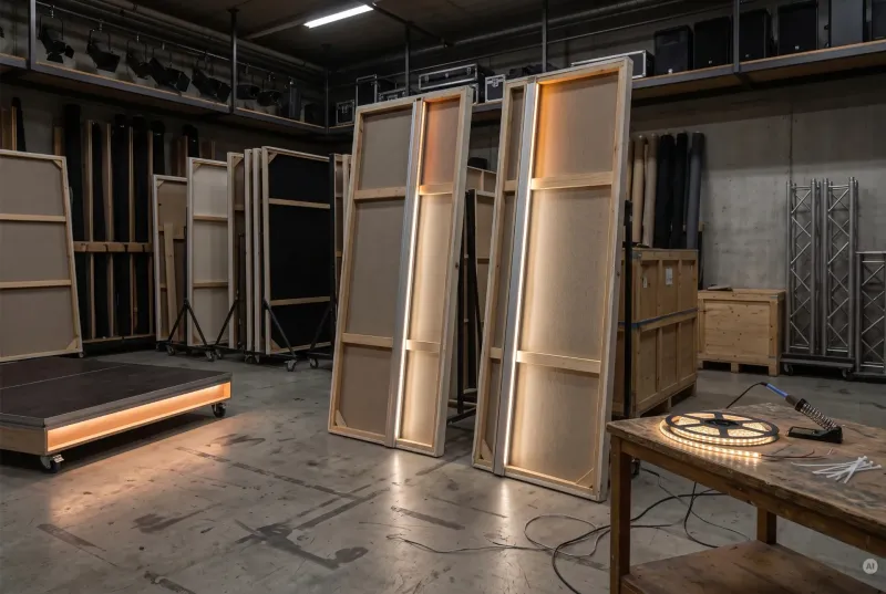 Werkstatt für Theaterkulissen mit Holzrahmen, in die warmweiße LED-Profile integriert sind, sowie einer LED-Rolle und Lötkolben auf dem Arbeitstisch.