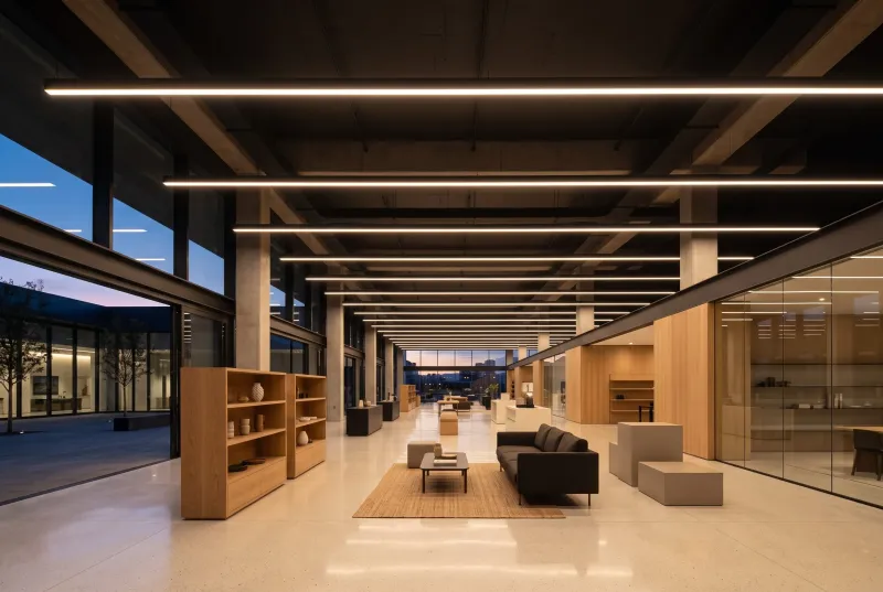 moderner-showroom-led-deckenbeleuchtung-holz
