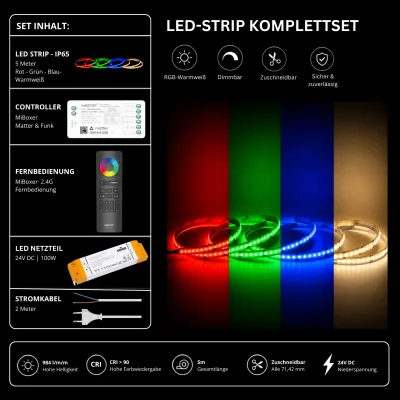LED Streifen Set RGBW Warmweiß 3000K IP65 mit COB LED Streifen, SM5 Matter Controller, SS100 Netzteil und C5 Fernbedienung in Schwarz.