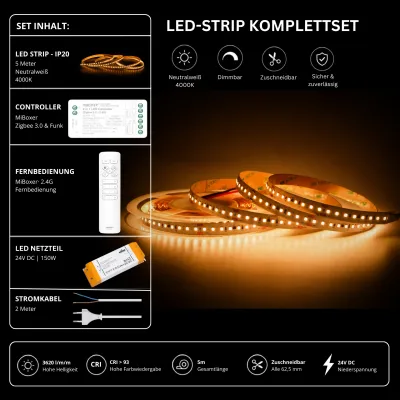 LED-Streifen Komplettset 24V Zigbee 4000K LED-Streifen Komplettset 24V mit 5 m SMD LED-Streifen in Neutralweiß 4000K, 3620 lm/m, CRI über 93, MiBoxer Zigbee 3.0 Funk-Controller, 2.4G Fernbedienung und 150W Netzteil
