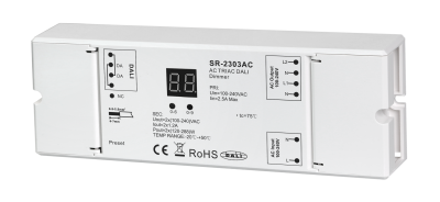SR-2303AC zweikanaliger DALI Phasenabschnitt-Dimmer (Trailing Edge) für die direkte AC-Dimmung von dimmbaren 230V LED-Lampen, Halogenleuchten und Triac-fähigen LED-Treibern SR-2303AC DALI-2 Phasenabschnitt-Dimmer mit zwei AC-Ausgangskanälen für 100-240V, integrierter DT6-Schnittstelle, Digital-Display zur Adressvergabe und Preset-Taste für die minimale Dimm-Helligkeit