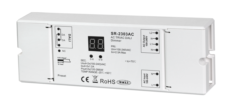 SR-2303AC DALI-2 Phasenabschnitt-Dimmer mit zwei AC-Ausgangskanälen für 100-240V, integrierter DT6-Schnittstelle, Digital-Display zur Adressvergabe und Preset-Taste für die minimale Dimm-Helligkeit
