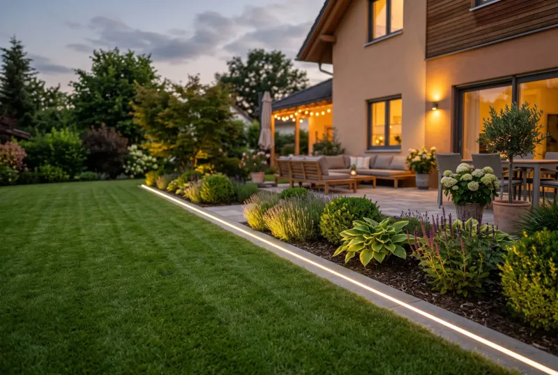 Ein gepflegter Garten bei Abenddämmerung mit einer geraden, warmweißen LED-Lichtlinie entlang der Rasenkante und einem flachen Pflanzenbeet vor einer beleuchteten Terrasse.