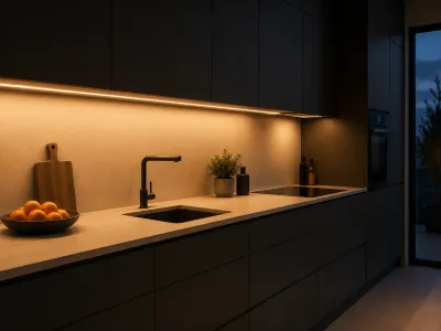 LED Unterbauleuchte Küche mit durchgehender Lichtlinie Warmweiße LED Unterbauleuchte unter dunklen Küchenschränken mit gleichmäßiger Ausleuchtung der Arbeitsplatte