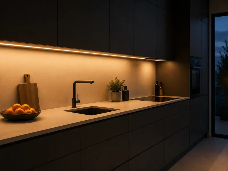 Warmweiße LED Unterbauleuchte unter dunklen Küchenschränken mit gleichmäßiger Ausleuchtung der Arbeitsplatte