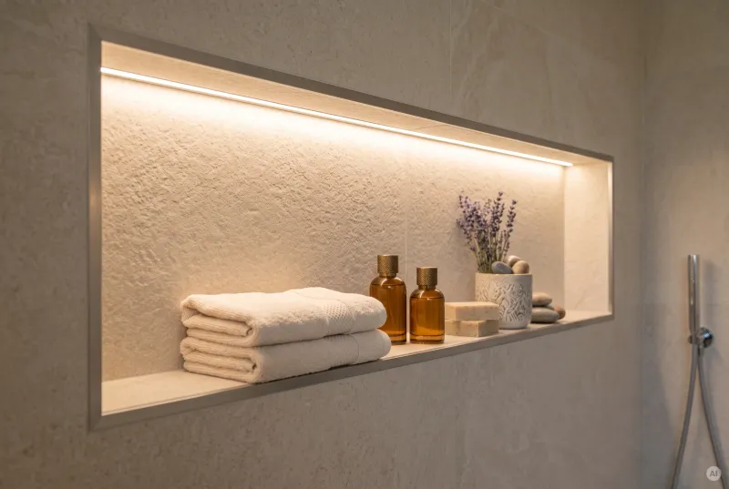 Nahaufnahme einer gefliesten Wandnische im Badezimmer mit homogener LED-Lichtleiste am oberen Rand und Badaccessoires.