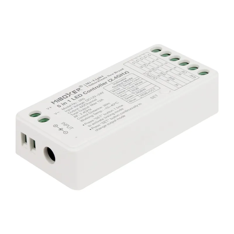 MiBoxer SR5 LED Controller Anschlussseite – 5-Kanal Schraubklemmen für Eingang 12–24V und Ausgang RGB, RGBW, RGBCCT, CCT oder einfarbige LED Streifen