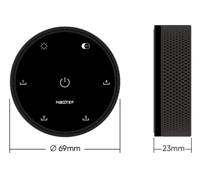 Technische Zeichnung MiBoxer K5 CCT Controller mit 69mm Durchmesser und 23mm Höhe
