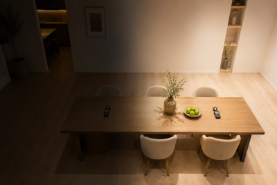 Vergleich von dunkler und heller LED Raumbeleuchtung mit Luxmetern auf einem Holztisch im modernen Wohnraum