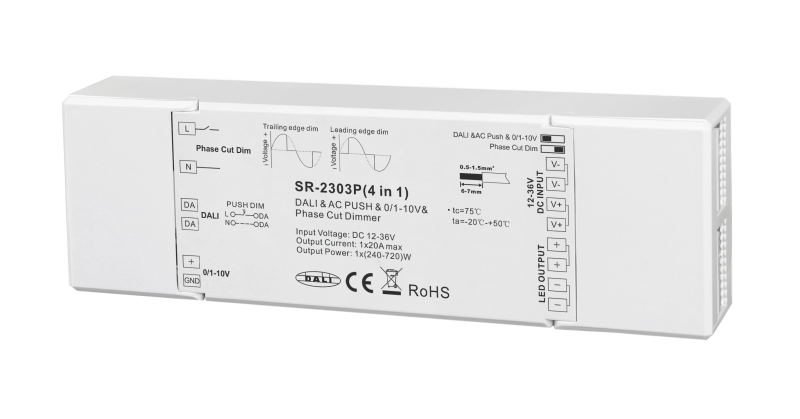 SR-2303S 2-in-1 LED Dimmer 1-Kanal 12-48V DC 8A Konstantspannung DALI-2 DT6 mit Push DIM
