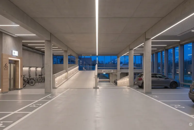 Sauberes und gut beleuchtetes Parkhaus mit hellen LED-Lichtleisten, markierten Stellplätzen, Fahrbahnrampen zur Ausfahrt und abgegrenztem Fahrradstellplatz.