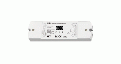 D4-L DMX512 & RDM Controller – Top View with Display – RGBW LED Strip Driver 12–24 V DC 20 A – SK-LED D4-L 4-Kanal DMX512 & RDM Controllers – RGBW LED-Treiber mit digitalem Display, 12–24 V DC, 5 A pro Kanal (20 A gesamt). Für professionelle LED-Streifen-Steuerungen – SK-LED