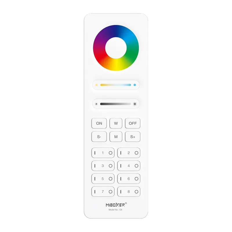 Mi-C8 weiße 2.4GHz Funkfernbedienung für RGB+CCT LED Strips – Smart Remote Controller mit Farbrad, Helligkeit- und Farbtemperatursteuerung, 8 Zonen, MiLight kompatibel.