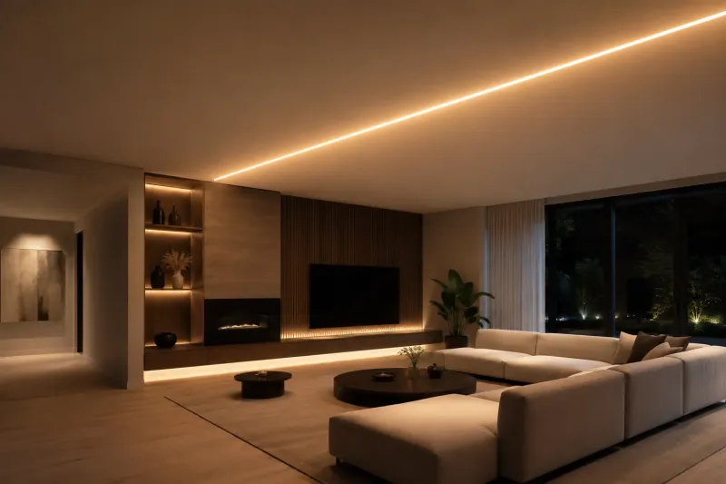 Modernes Wohnzimmer bei Nacht mit einer flächenbündigen LED Lichtlinie an der Decke und stimmungsvoller, indirekter LED Beleuchtung an der TV-Holzwand.