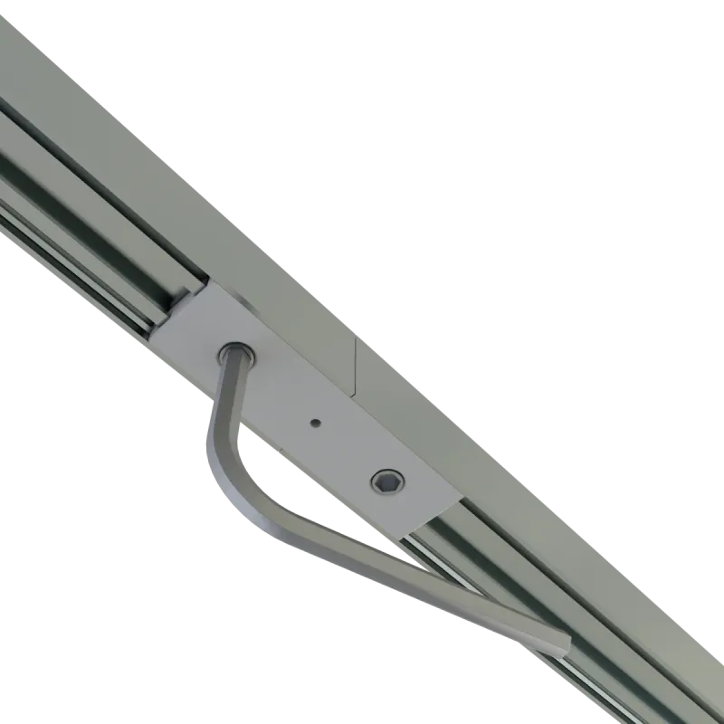 PETG-Geradverbinder 180° im LED Einbauprofil EXO-A2 montiert – Nahaufnahme der Verbindungsstelle mit Halteklammer an der Profilunterseite